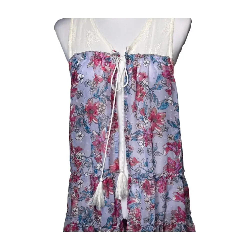Coquette Floral Sheer Ruffle Dress Cover Up Romantic Beach Resortwear Large
